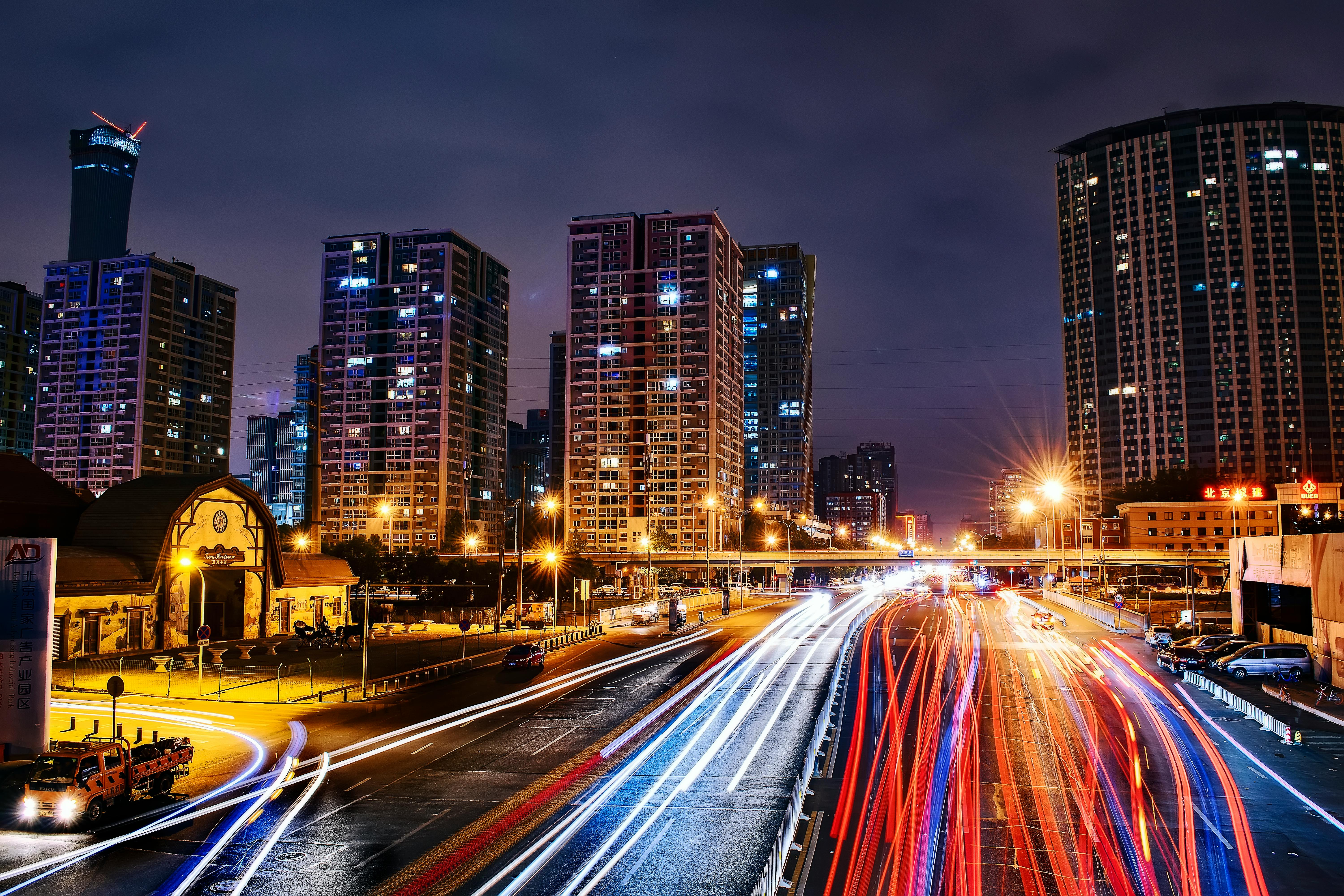 electric city, fast beams of different coloured lights